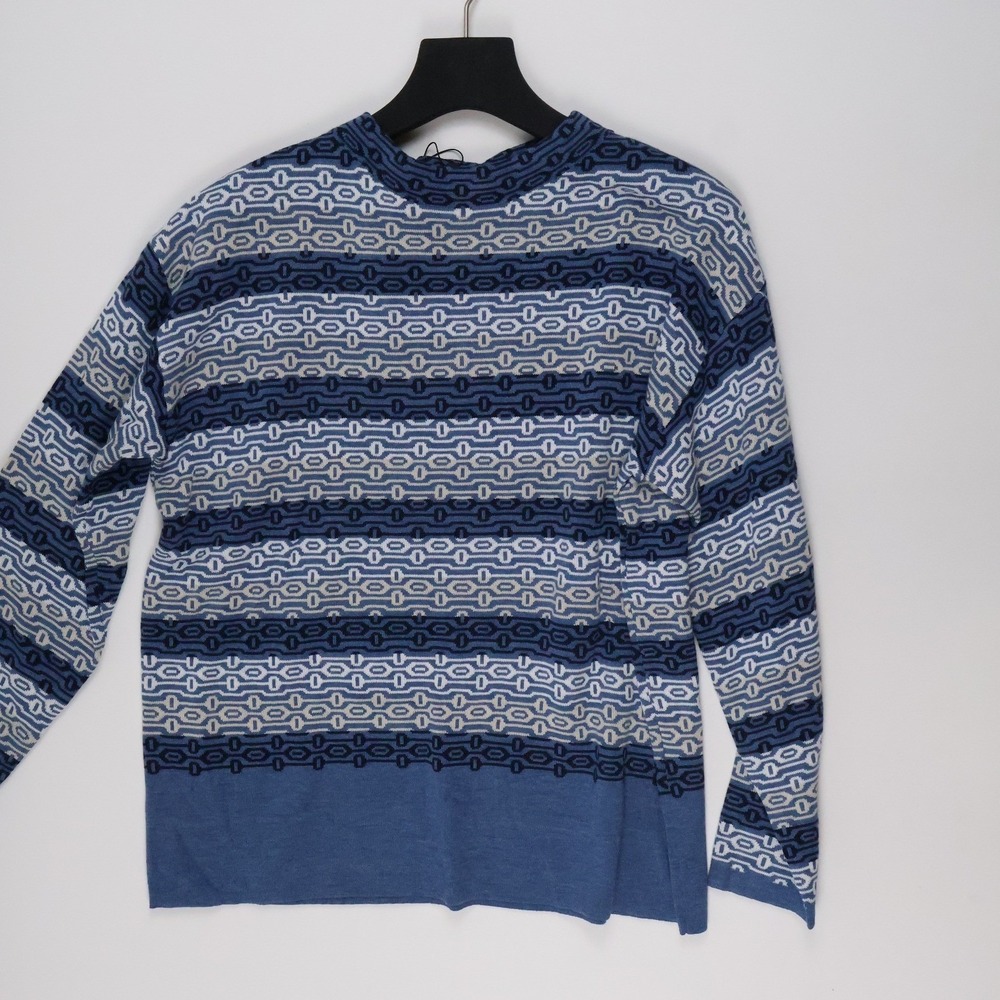 Sunday Knitwear Geometric Striped Crewneck Sweater Blue Pattern Medium NWT